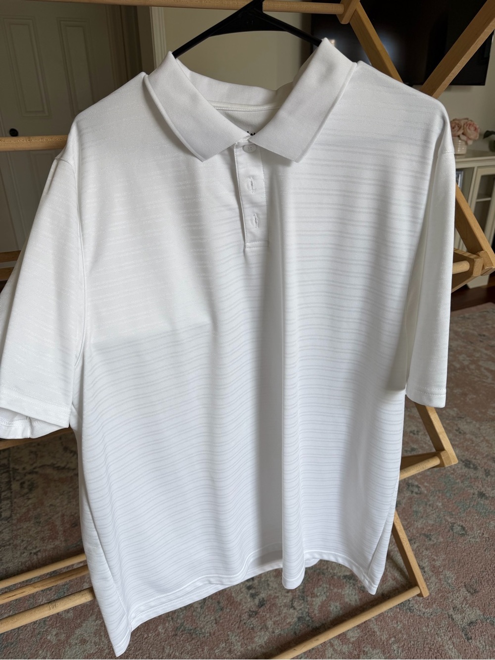 Men's White Short-Sleeve Polo with Subtle Stripe